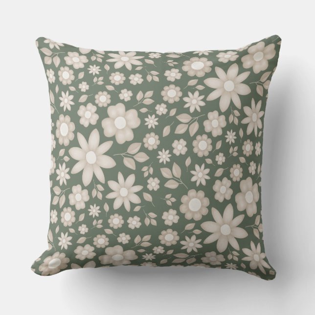 Romantic Deep Sage Watercolor Floral Pattern Cushion (Front)