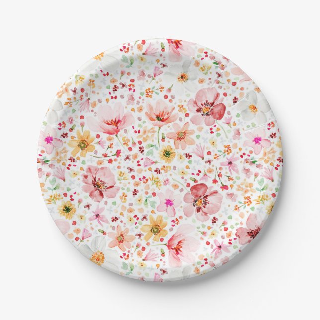 Romantic Delicate Watercolor Flowers Garden Party Paper Plate (Front)