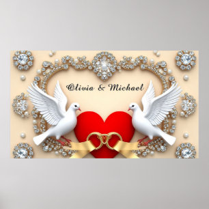 Romantic Diamond Wedding Heart with Doves Poster