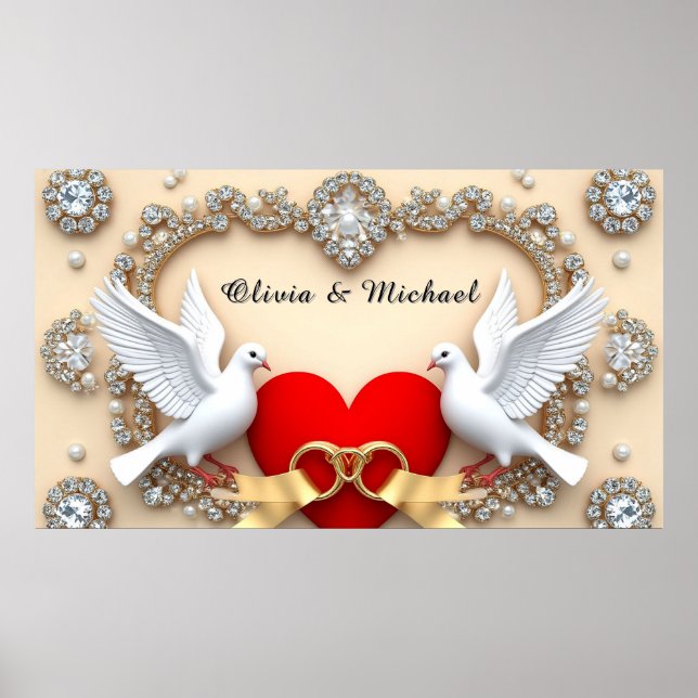 Romantic Diamond Wedding Heart with Doves Poster (Front)