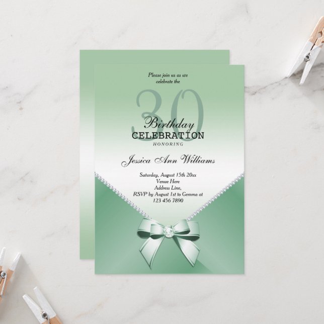 Romantic Diamonds & Mint Green Bow 30th Birthday Invitation (Front/Back In Situ)