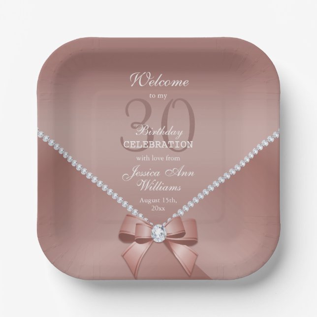 Romantic Diamonds & Rose Gold Bow 30th Birthday   Paper Plate (Front)