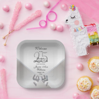 Romantic Diamonds & Silver Bow 25th Birthday Paper Plate