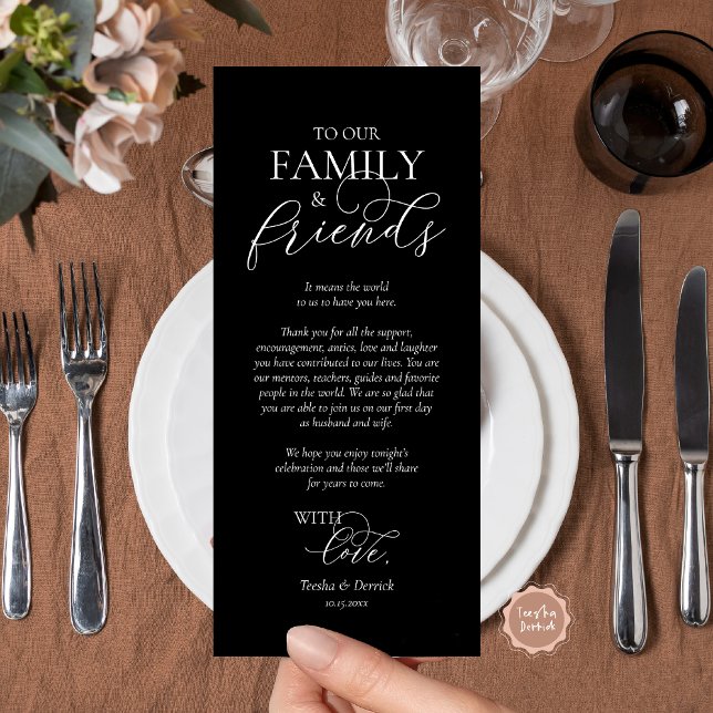Romantic Dinner Place Setting Thank You Card (Wedding Place Setting Thank You Card, Romantic Script, Classy Black.)