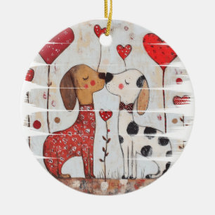 Romantic Dogs with Heart Balloons Ceramic Tree Decoration