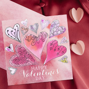 Romantic Doodle Watercolor Hearts Valentine's Day