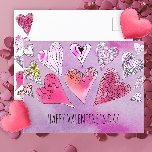 Romantic Doodle Watercolor Hearts Valentine's Day Postcard (Creator Uploaded)