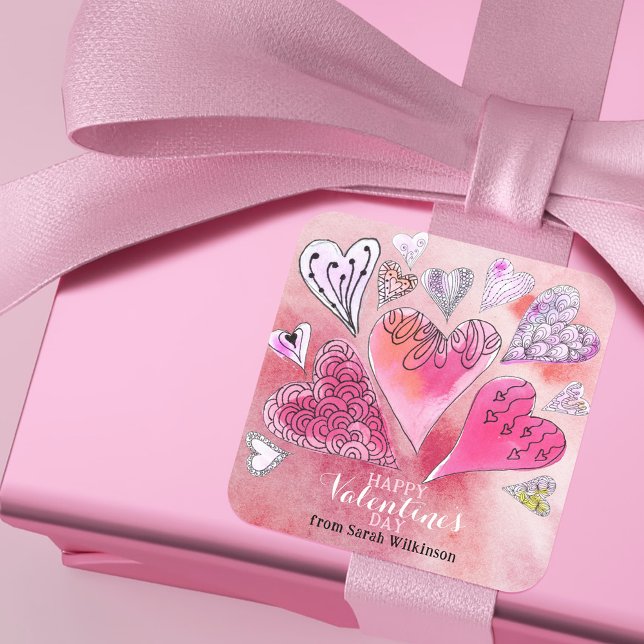 Romantic Doodle Watercolor Hearts Valentine's Day Square Sticker (Creator Uploaded)