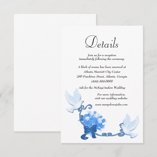 Romantic Doves And Blue Flowers Wedding Details Enclosure Card (Front/Back)