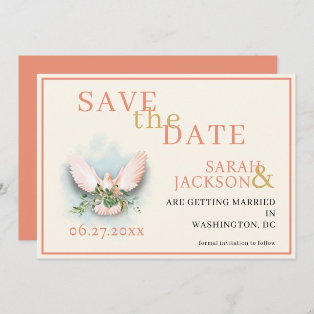 Romantic Doves Coral Wedding Save the Date Invitation (Front/Back)
