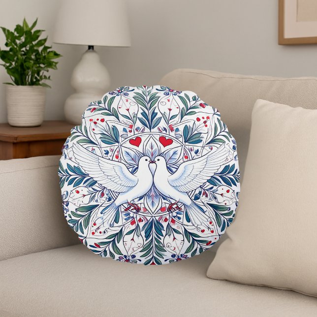 Romantic Doves & Floral Heart Mandala Round Cushion (Creator Uploaded)