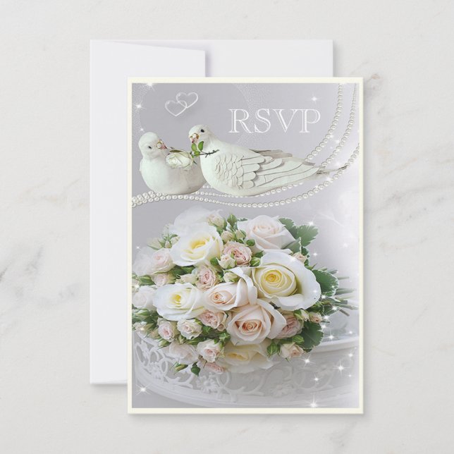 Romantic Doves, Sparkles & Roses Wedding RSVP Card (Front)