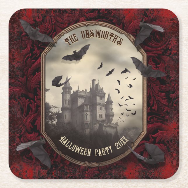 Romantic Dracula's Vampire Castle Halloween Party Square Paper Coaster (Front)