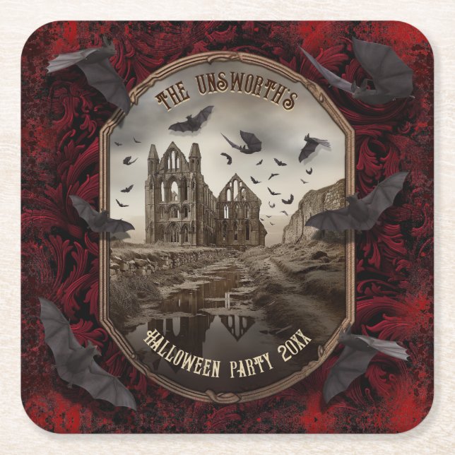 Romantic Dracula's Whitby Abbey Halloween Party Square Paper Coaster (Front)