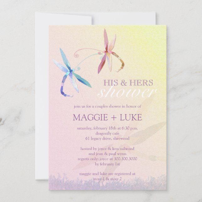 Romantic Dragonfly His & Hers Couples Shower Invitation (Front)