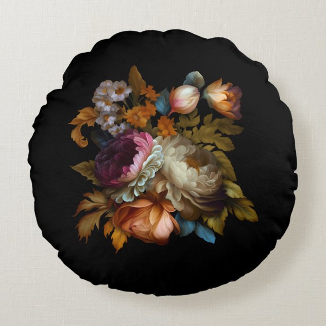 Romantic Dramatic "Old World" Floral  Round Cushion (Front)