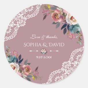 Romantic Dusty Blue Dusty Rose Flowers Wedding Classic Round Sticker