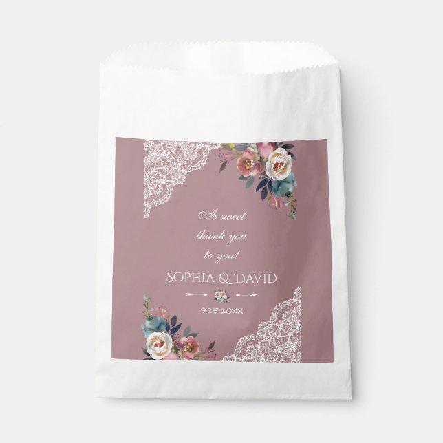 Romantic Dusty Blue Dusty Rose Flowers Wedding Favour Bags (Front)
