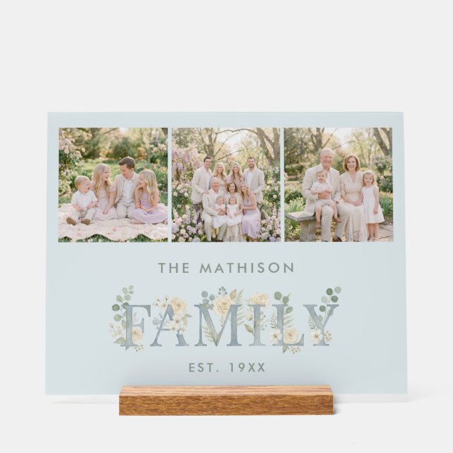 Romantic Dusty Blue Floral Family Monogram MH26 Acrylic Sign (Front)