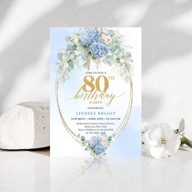 Romantic Dusty Blue Floral Gold 80th Birthday Invitation (Romantic Dusty Blue Floral Gold 80th Birthday Invite)