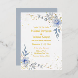 Romantic Dusty Blue Floral & Gold Foil Wedding