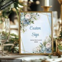 Romantic Dusty Blue Floral Gold Frame Wedding Sign