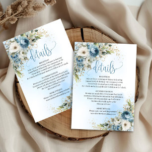 Romantic Dusty Blue Floral Gold Wedding Details RSVP Card