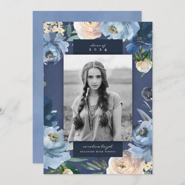 Romantic Dusty Blue Floral Graduation Photo Announcement (Front/Back)