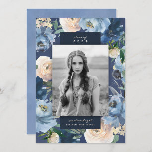 Romantic Dusty Blue Floral Graduation Photo Announcement