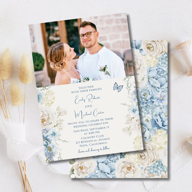 Romantic Dusty Blue Floral Photo Wedding Invitation (Creator Uploaded)