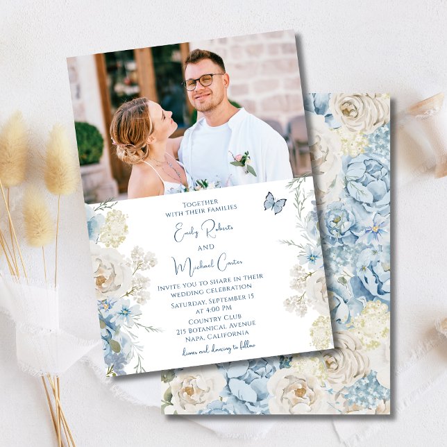Romantic Dusty Blue Floral Photo Wedding Invitation (Creator Uploaded)