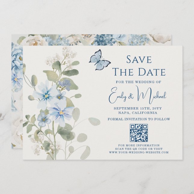 Romantic Dusty Blue Floral QR Code Wedding Save The Date (Front/Back)