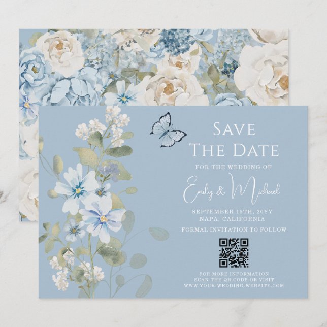 Romantic Dusty Blue Floral QR Code Wedding Save The Date (Front/Back)