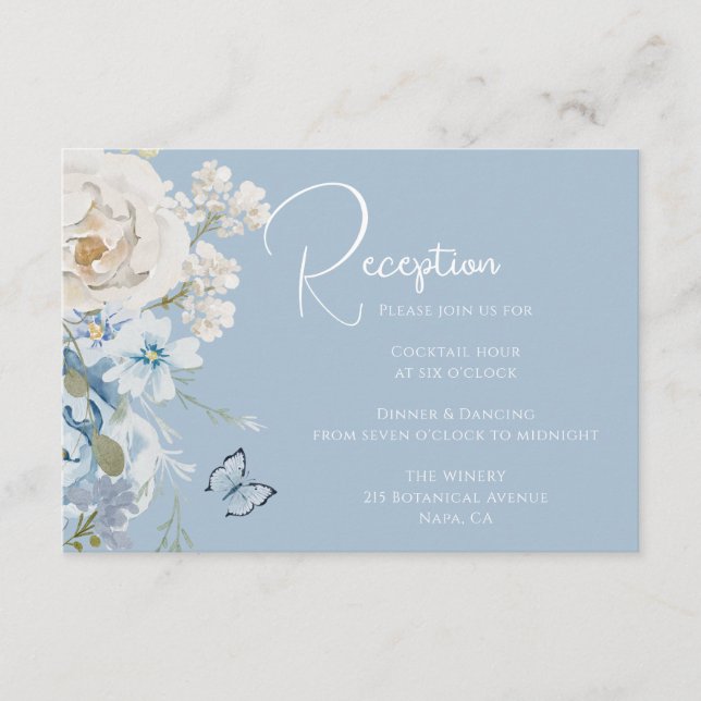 Romantic Dusty Blue Floral Reception Wedding Enclosure Card (Front)