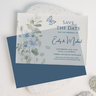 Romantic Dusty Blue Floral Save The Date Wedding Vellum Invitations