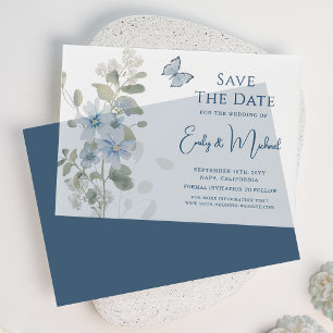 Romantic Dusty Blue Floral Save The Date Wedding Vellum Invitations