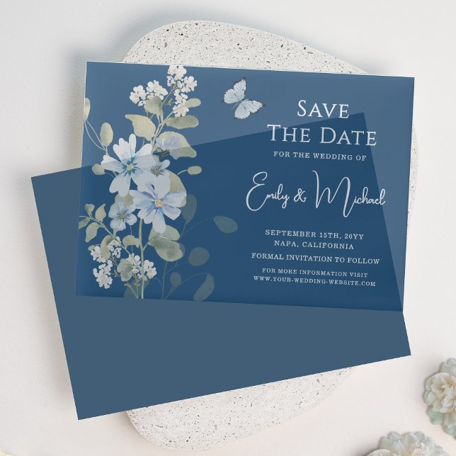 Romantic Dusty Blue Floral Save The Date Wedding Vellum Invitations (Creator Uploaded)