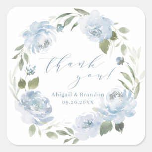 Romantic dusty blue floral thank you wedding square sticker