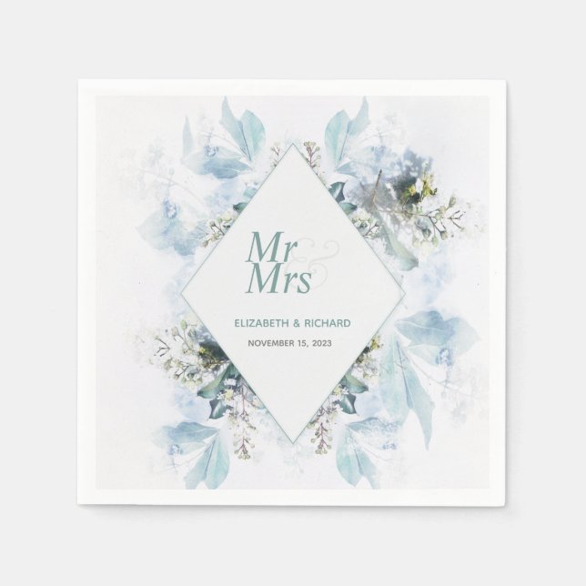 Romantic Dusty Blue Floral Watercolor Wedding Napkin (Front)