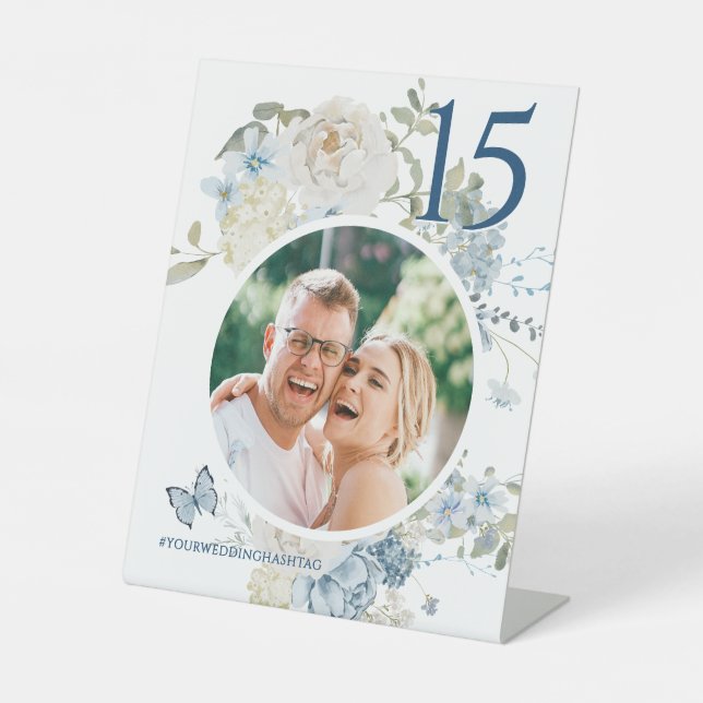 Romantic Dusty Blue Floral Wedding Photo Pedestal Sign (Front)