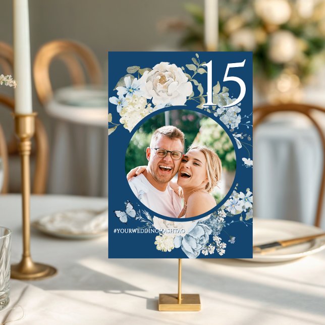 Romantic Dusty Blue Floral Wedding Photo Table Number (Creator Uploaded)