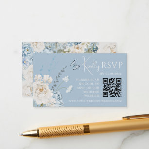 Romantic Dusty Blue Floral Wedding RSVP QR Code Enclosure Card