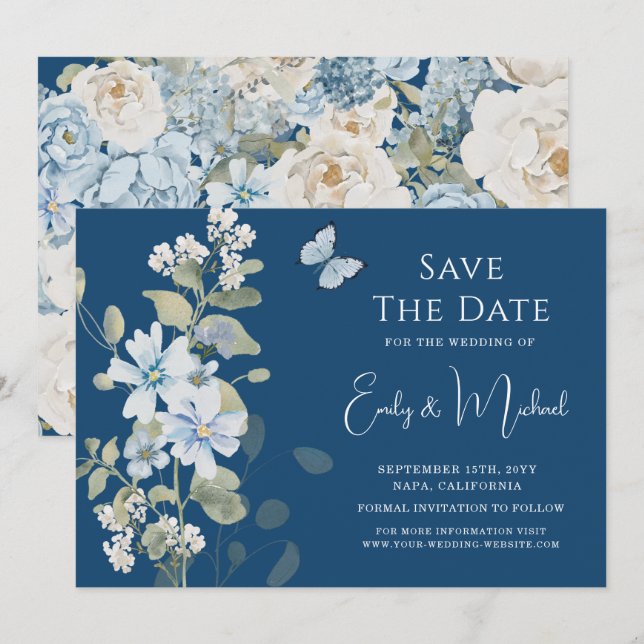 Romantic Dusty Blue Floral Wedding Save The Date (Front/Back)