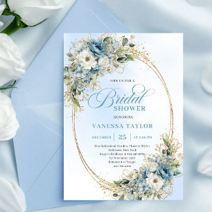 Romantic Dusty Blue Flowers Bridal Shower Invite