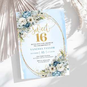 Romantic Dusty Blue Flowers Sweet Sixteen Invites