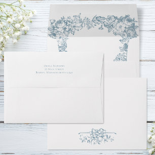 Romantic Dusty Blue Line Art Floral Wedding Envelope