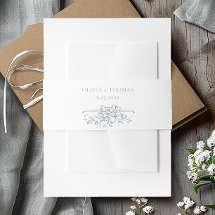 Romantic Dusty Blue Line Art Floral Wedding Invitation Belly Band