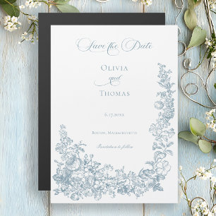 Romantic Dusty Blue Line Art Floral Wedding Magnetic Invitation