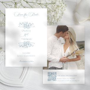 Romantic Dusty Blue Line Art Floral Wedding Save The Date