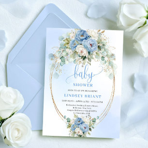 Romantic Dusty Blue Peonies Eucalyptus Gold Shower Invitation